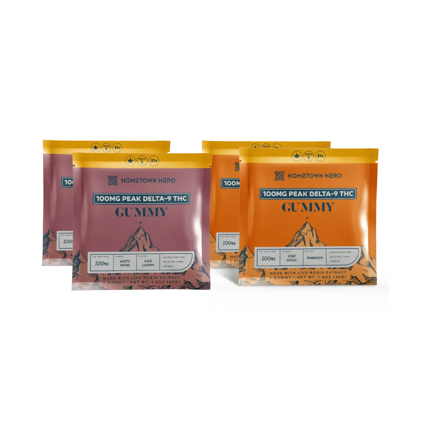 2 bags of Wild Cherry 100mg gummies and 2 bags of Mandarin 100mg Gummies