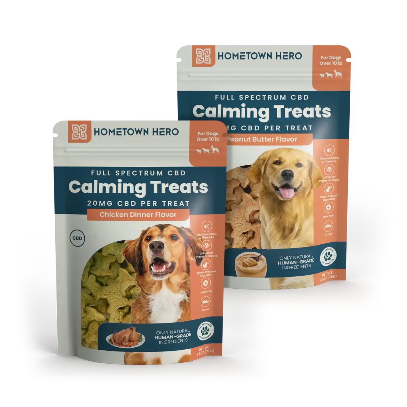 2 bags of calming pet treats with cbd in 2 flavors