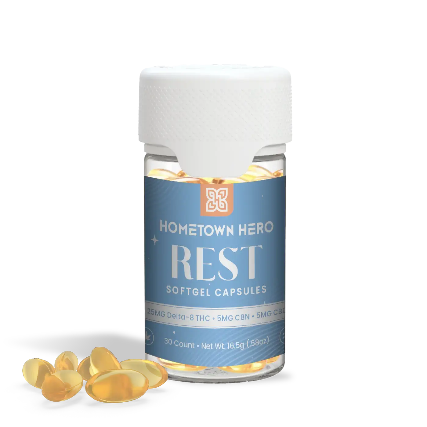 yellow softgel 25mg capsules in a bottle and loose