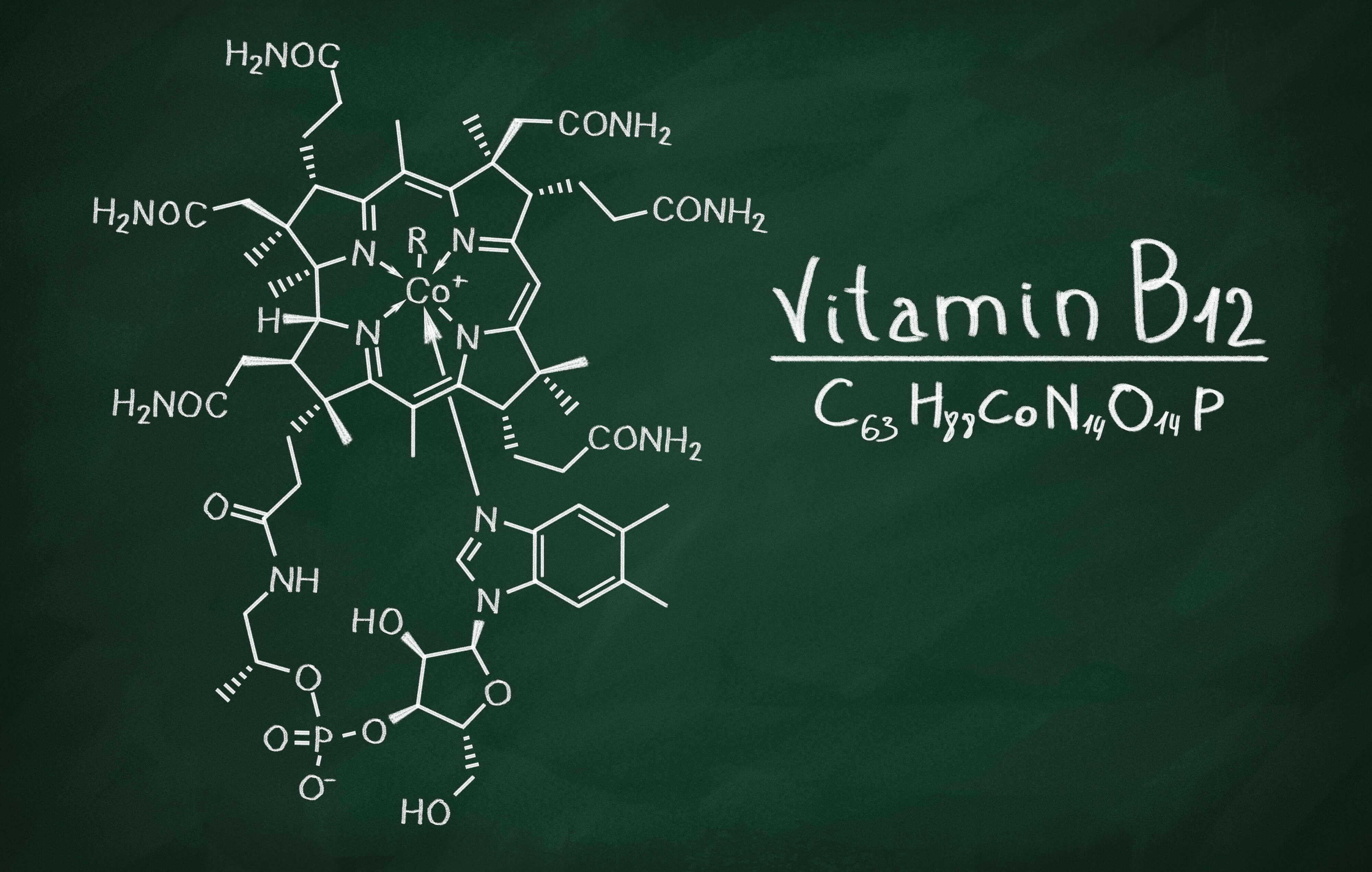 vitamin b12 formula written out on a chalkboard