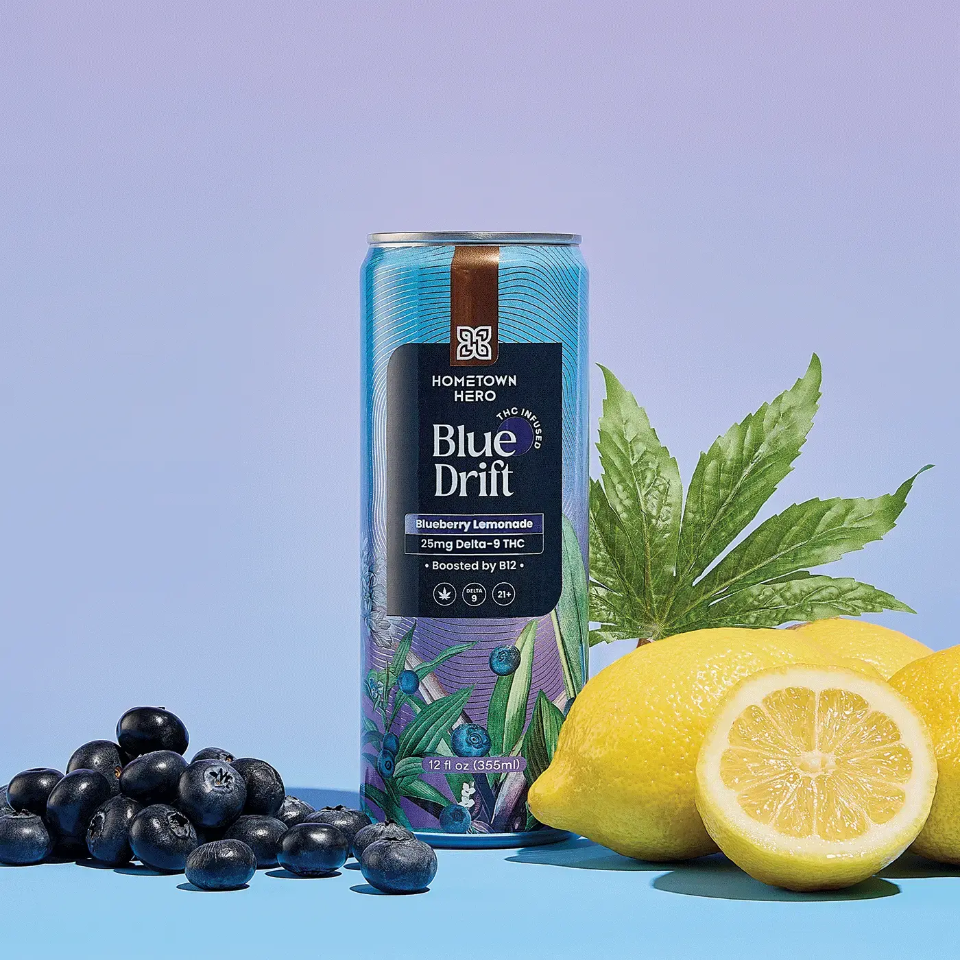 Blueberry-flavored can of Delta-9 lemonade with fruits around