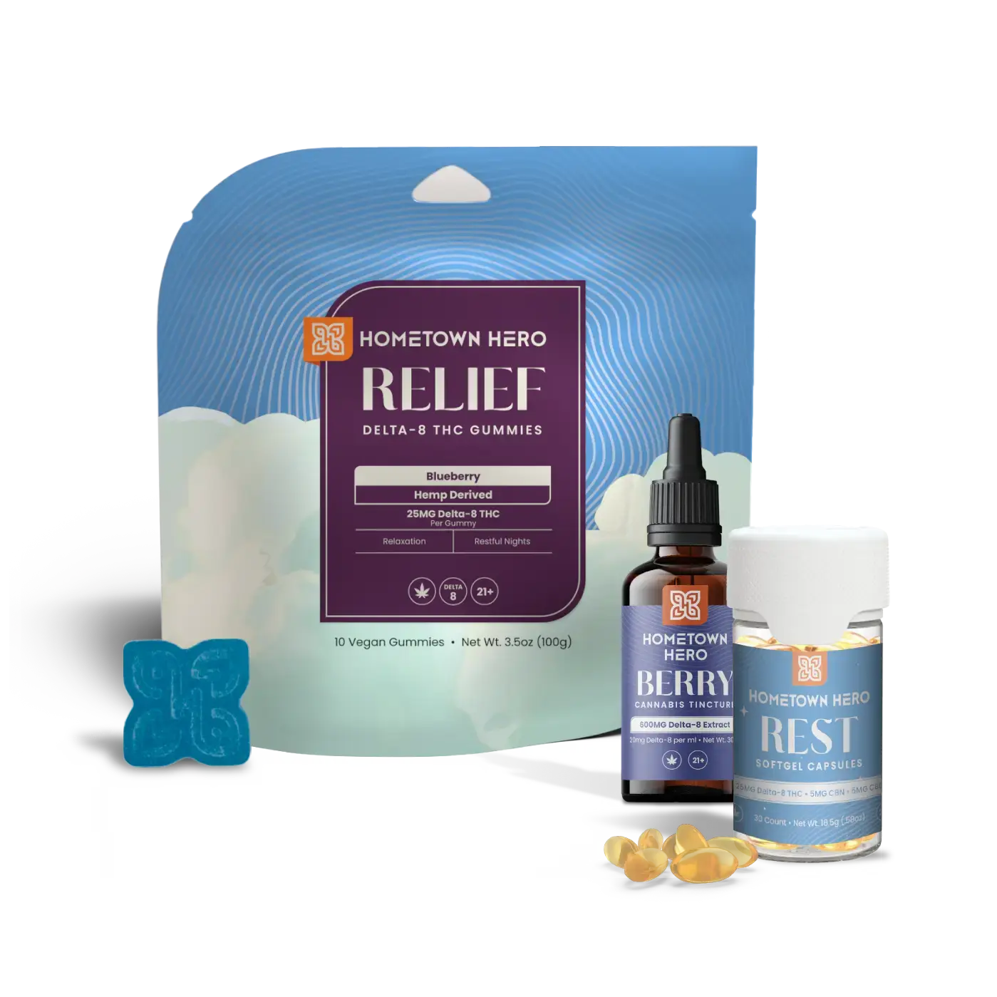 Various THC products for relief: Delta-8 Tincture, Delta-8 Capsules, Delta-8 gummies