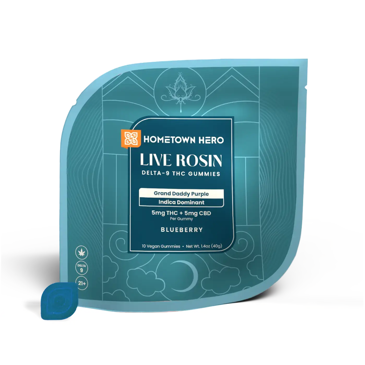 Pack of Blueberry Grand Daddy Purple Indica Live Rosin Gummies with CBD