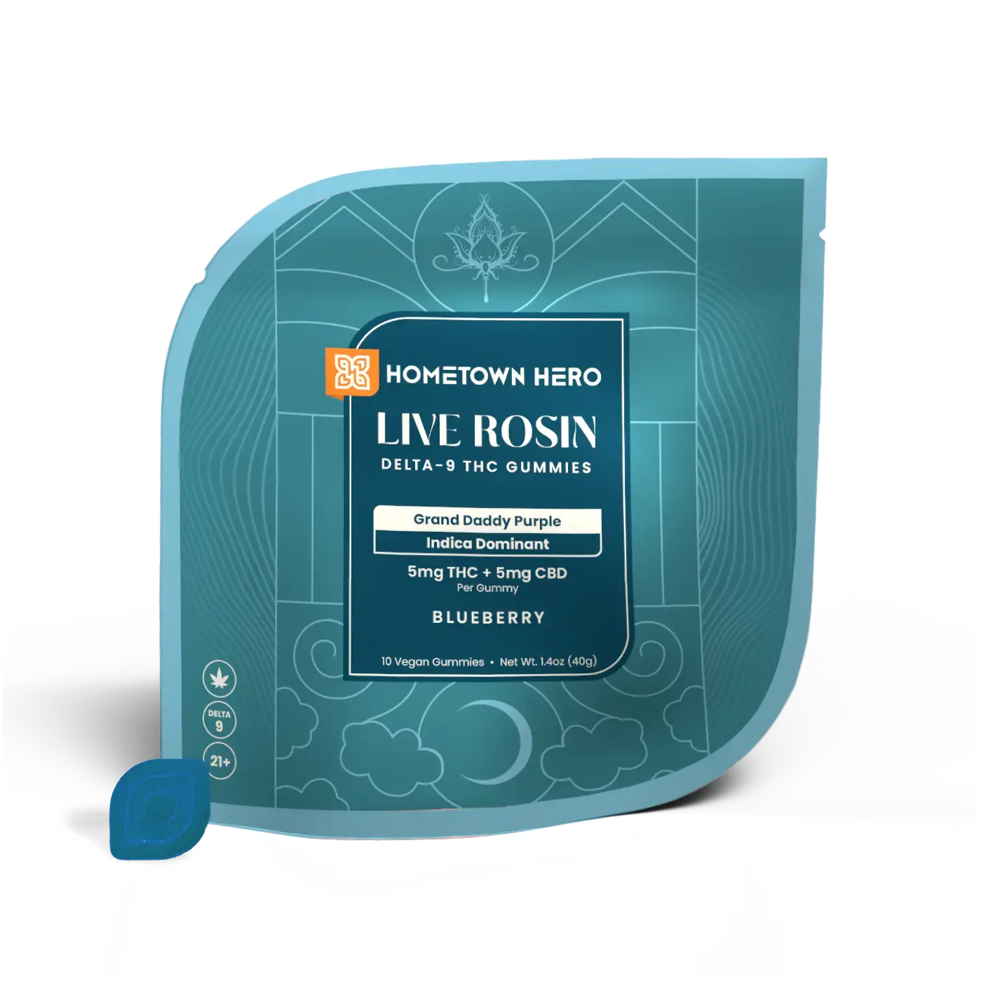 Pack of Blueberry Grand Daddy Purple Indica Live Rosin Gummies with CBD