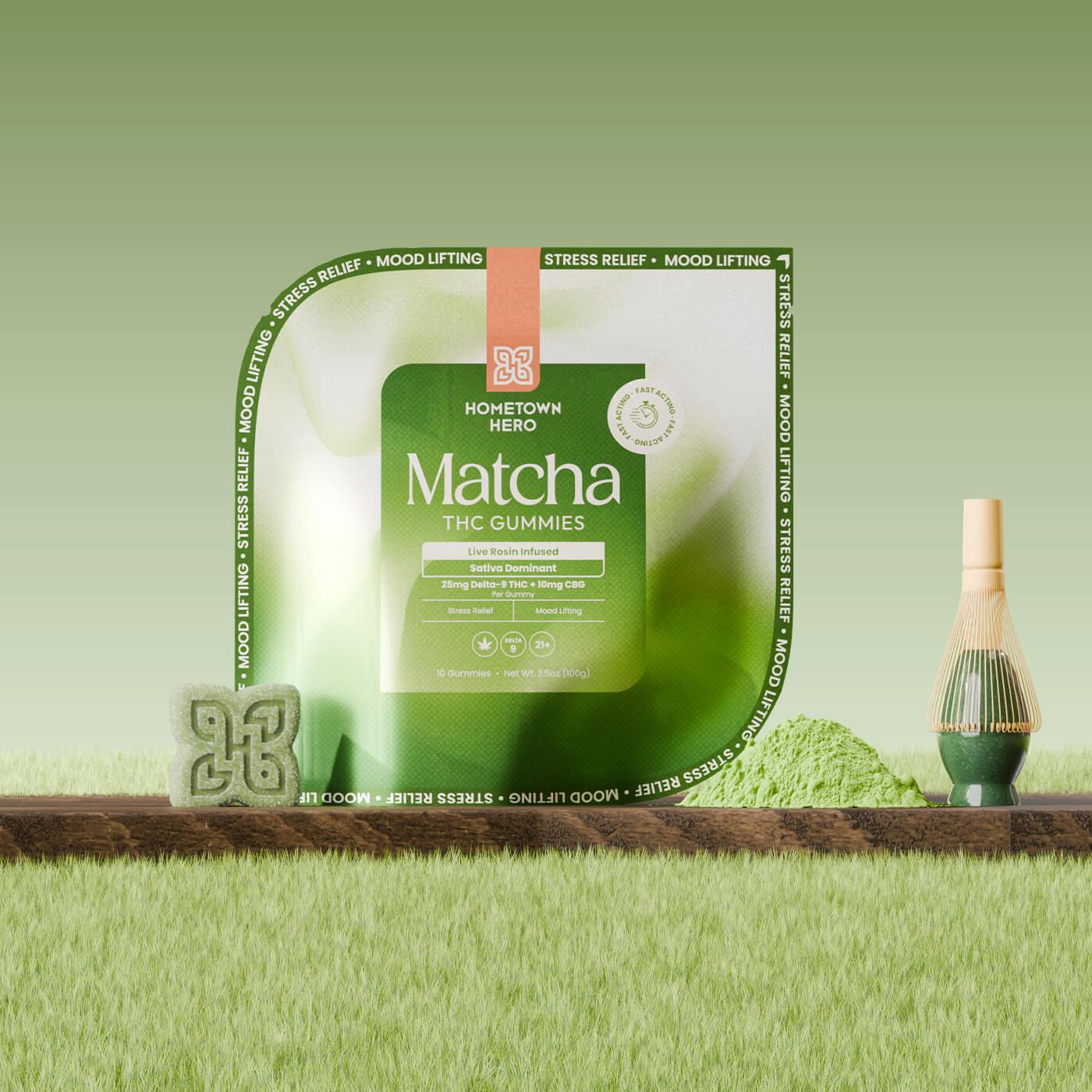 matcha gummies on grass