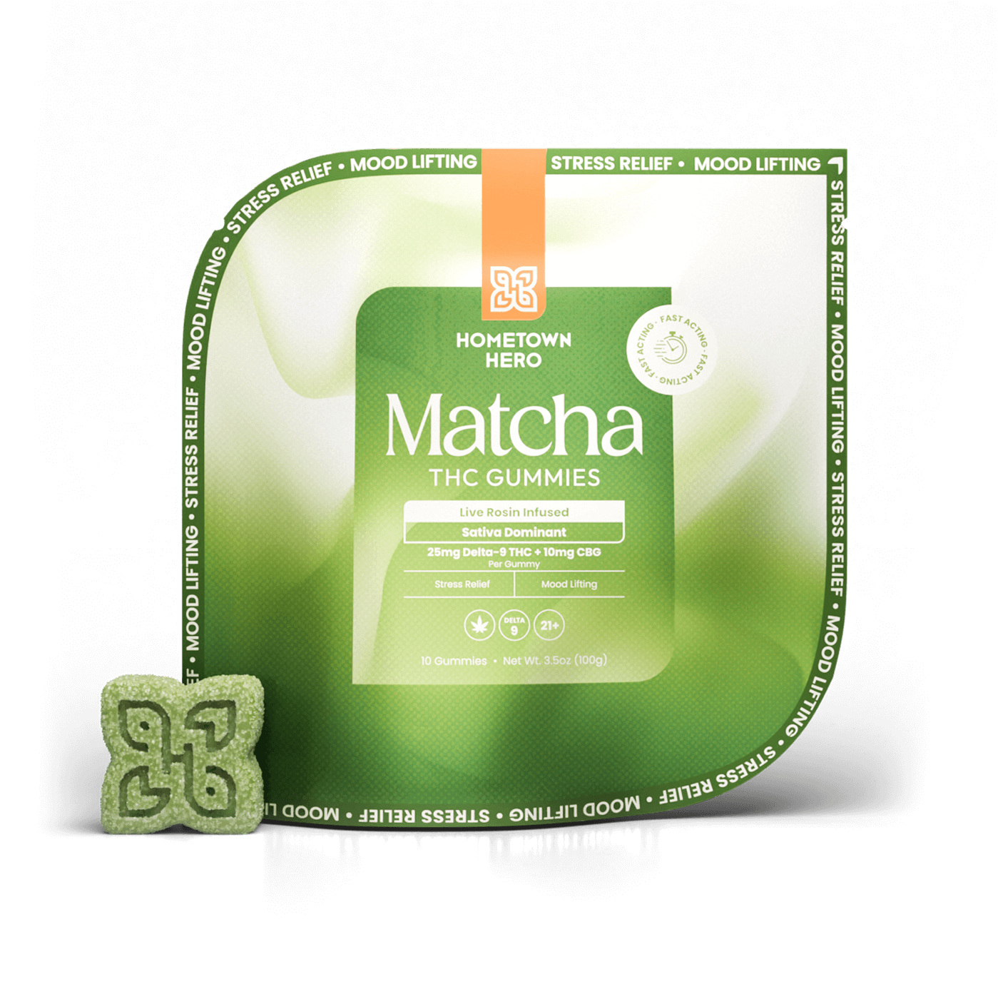bag of matcha gummies and single gummy